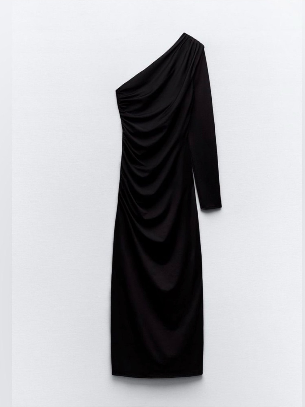 Zara Black One Shoulder Ruched Midi Dress Size S Elegant Occasion Dress